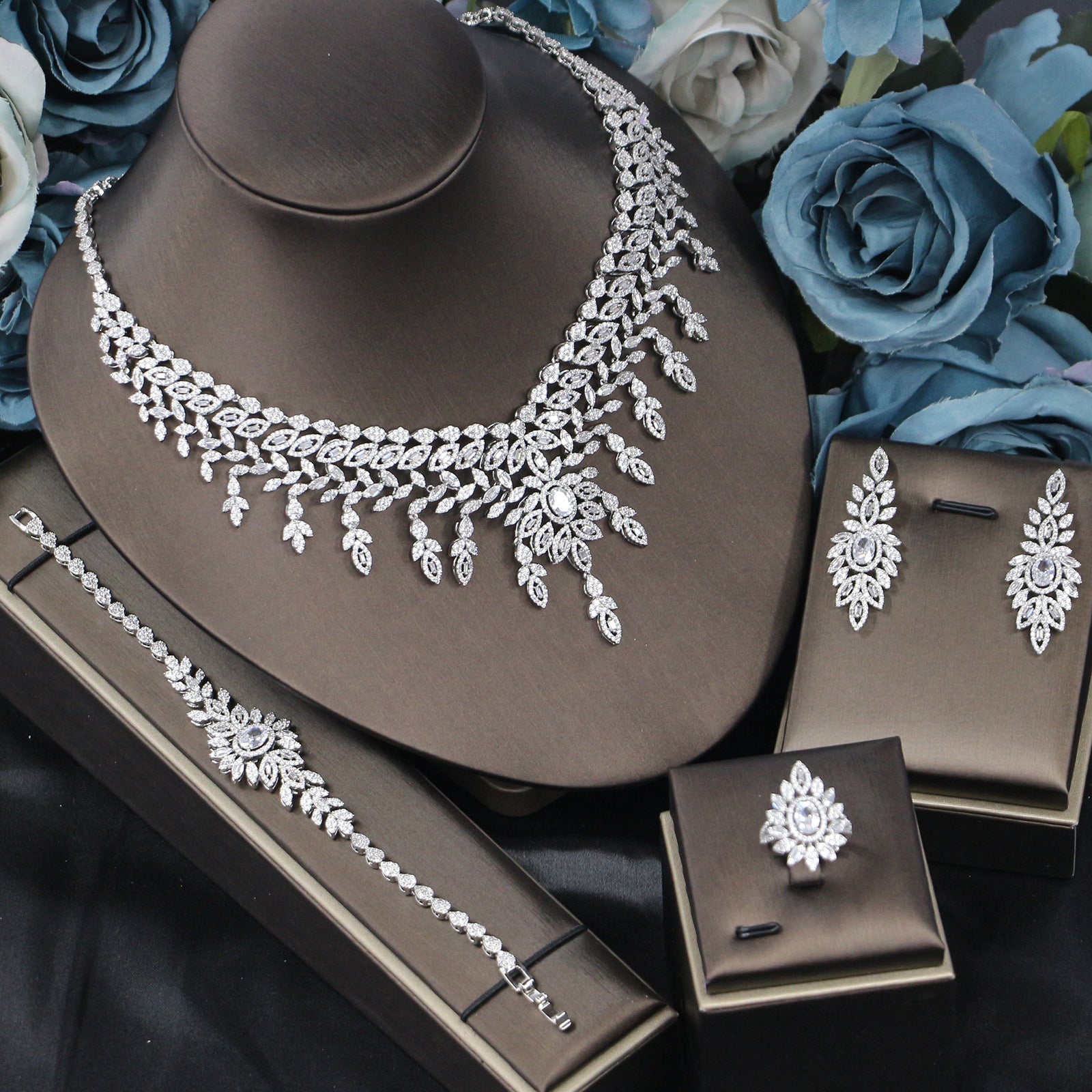 Zircon Bridal Jewelry Set – Necklace, Earrings, Bracelet & Ring (4-Piece)